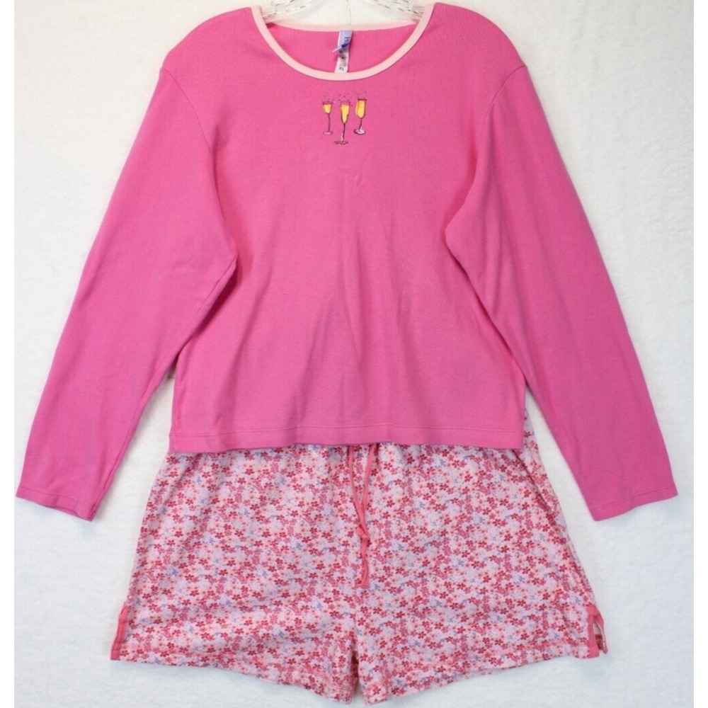 Hue Pajama‎ Set Champagne Embroidery Pink Womens XL Floral Shorts Loungewear